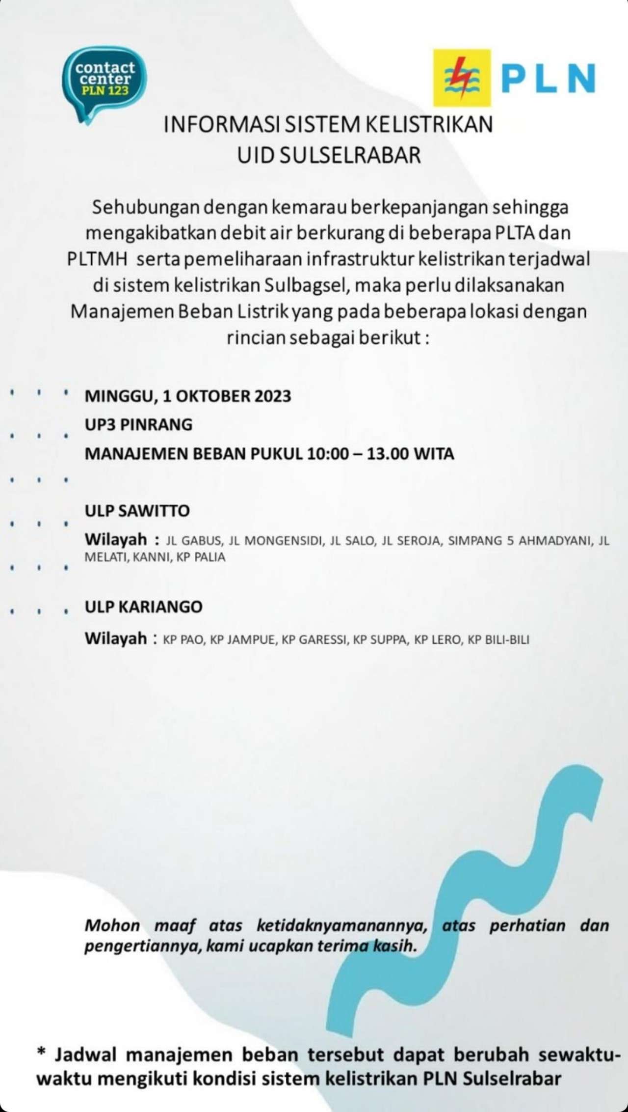 Parepare, Pinrang, Sidrap, Soppeng dan Barru Mati Lampu Lagi Hari Ini Minggu 1 Oktober 2023, Berikut Lokasinya