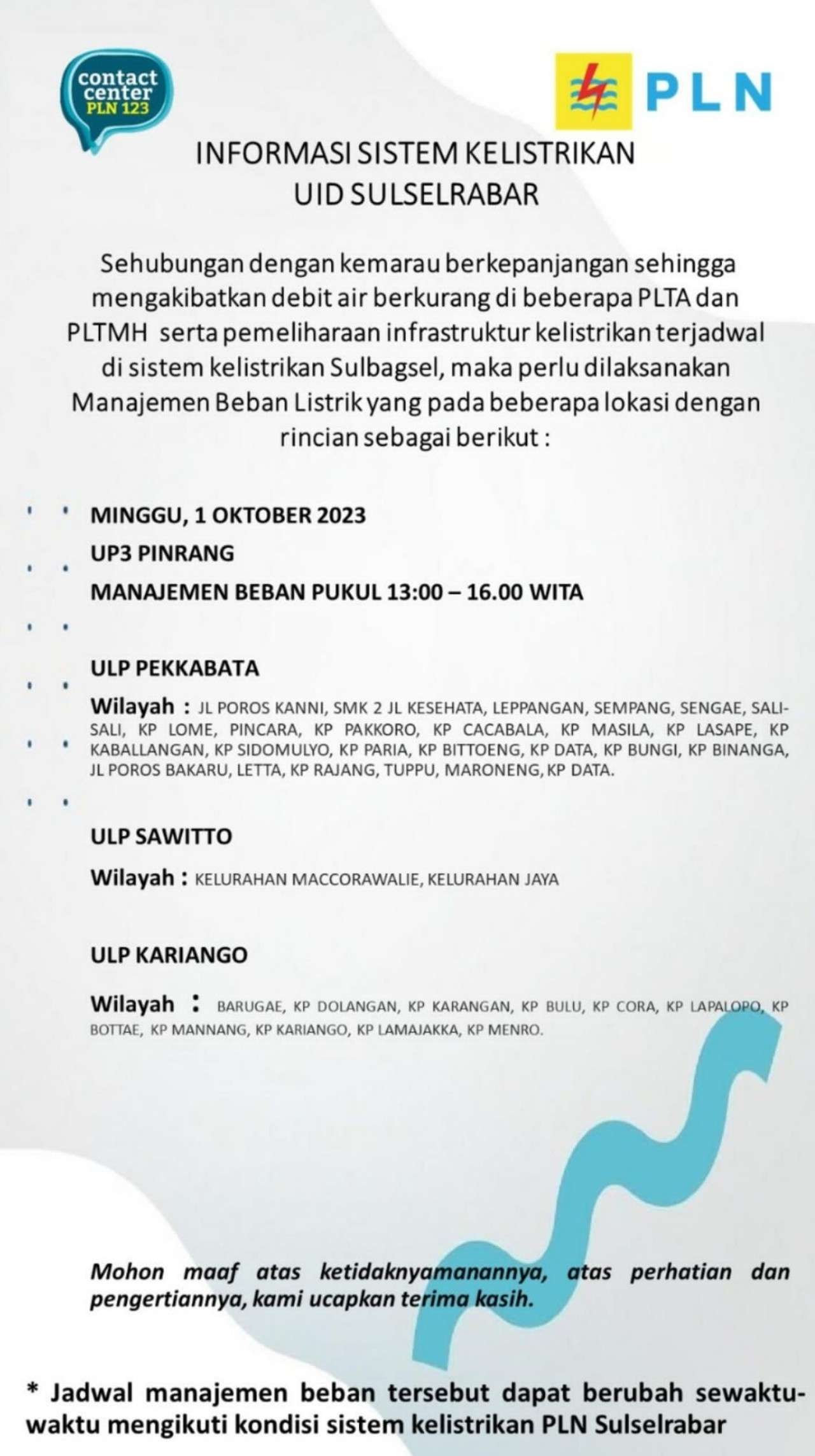 Parepare, Pinrang, Sidrap, Soppeng dan Barru Mati Lampu Lagi Hari Ini Minggu 1 Oktober 2023, Berikut Lokasinya