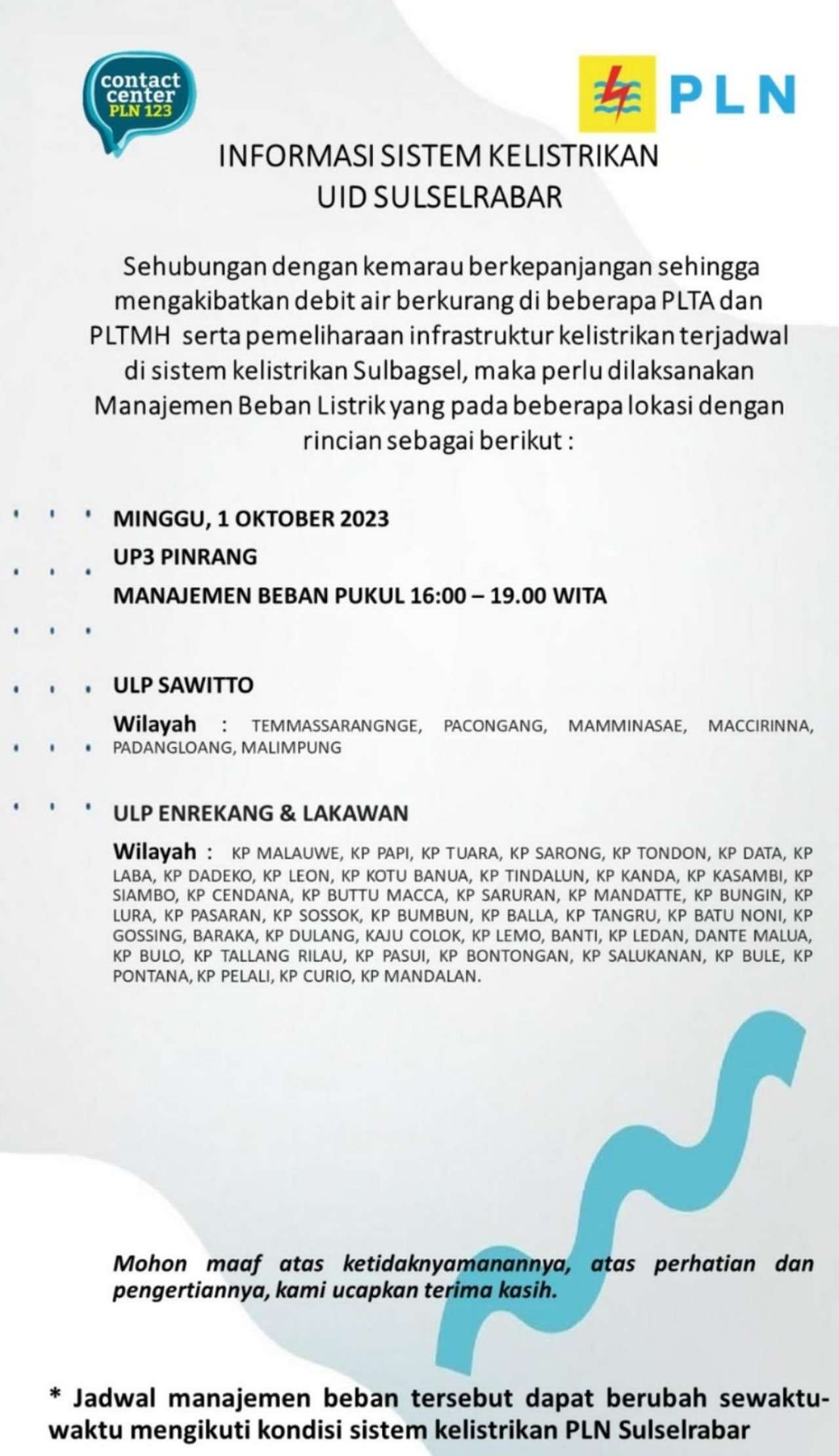Parepare, Pinrang, Sidrap, Soppeng dan Barru Mati Lampu Lagi Hari Ini Minggu 1 Oktober 2023, Berikut Lokasinya