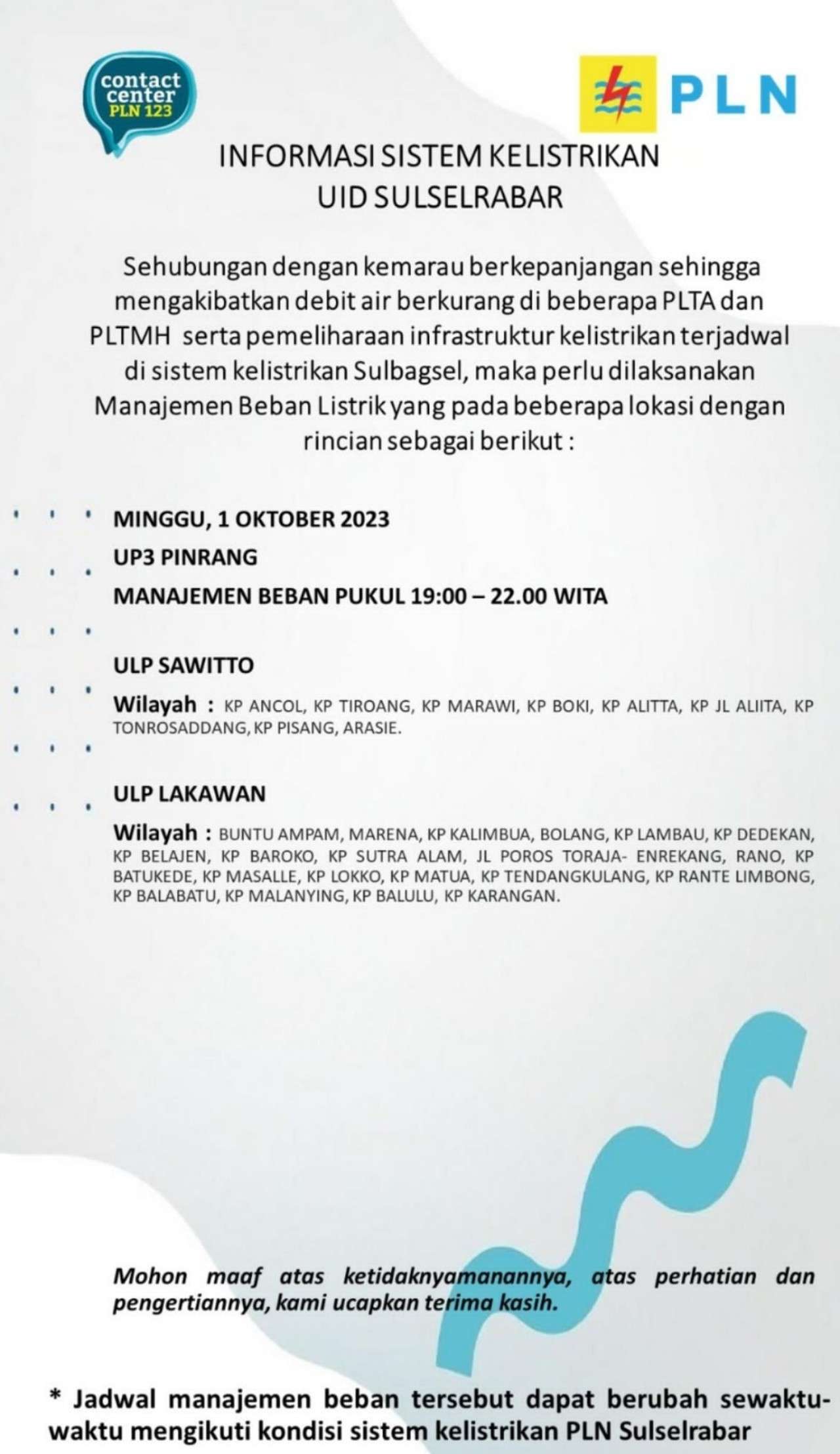 Parepare, Pinrang, Sidrap, Soppeng dan Barru Mati Lampu Lagi Hari Ini Minggu 1 Oktober 2023, Berikut Lokasinya