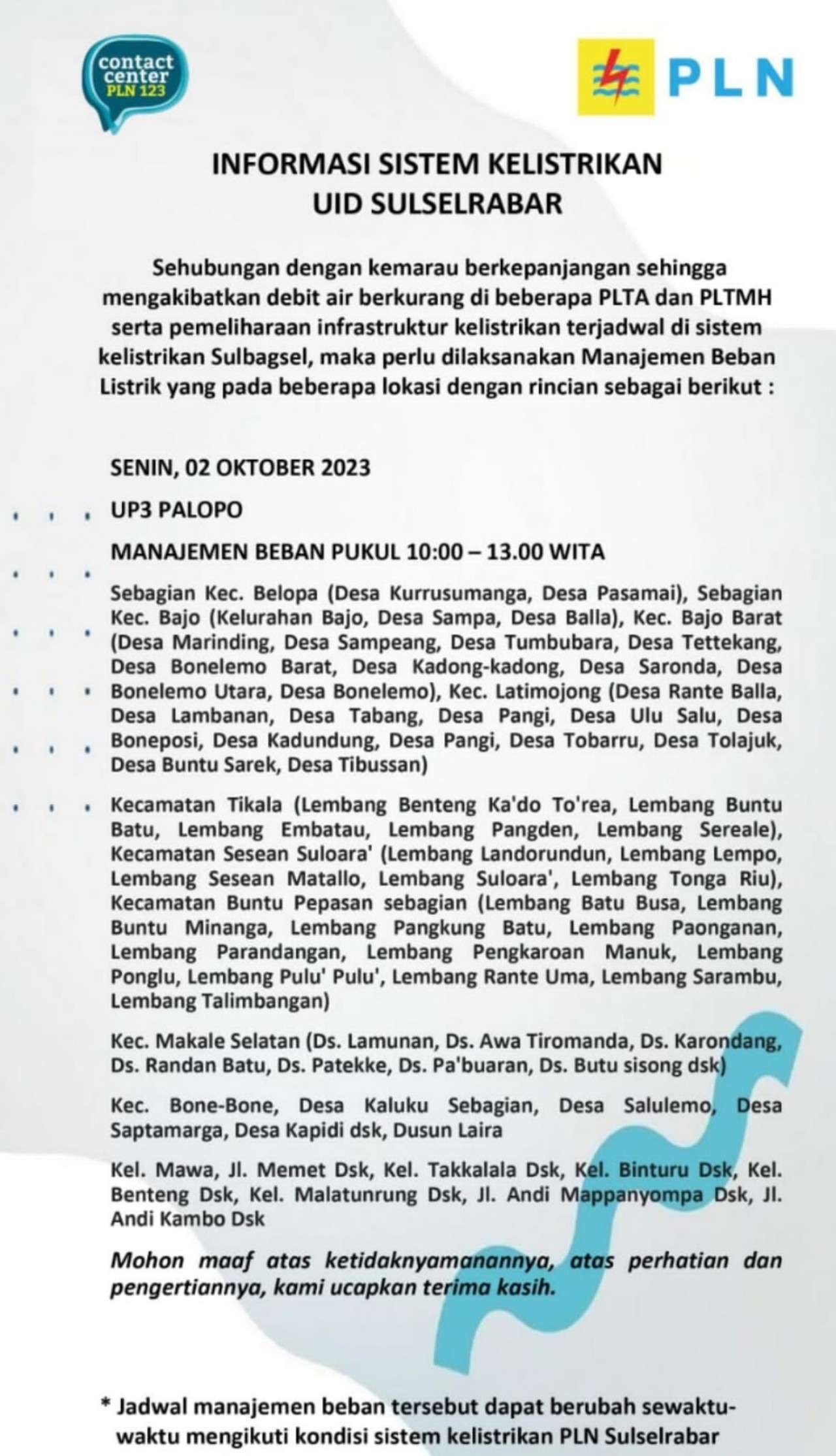 Duh, Hari Ini Listrik di Palopo-Toraja-Luwu-Lutra dan Lutim Akan Padam Lagi, Berikut Titiknya