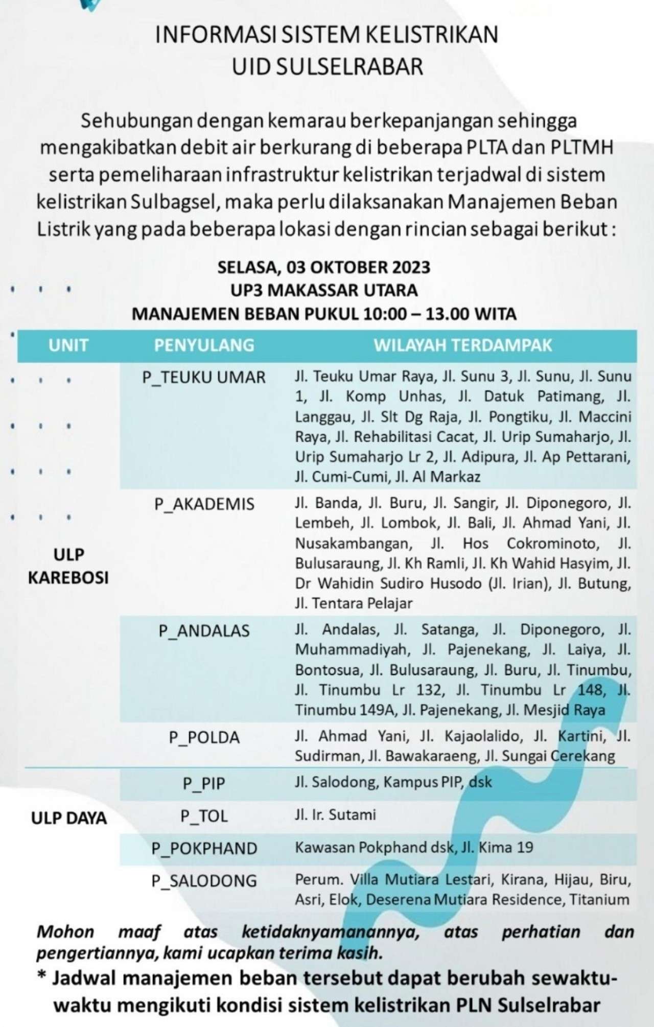 Perhatian! Ini Jadwal Daerah yang Kena Pemadaman Bergilir di Makassar, Maros dan Pangkep Selasa 3 Oktober 2023