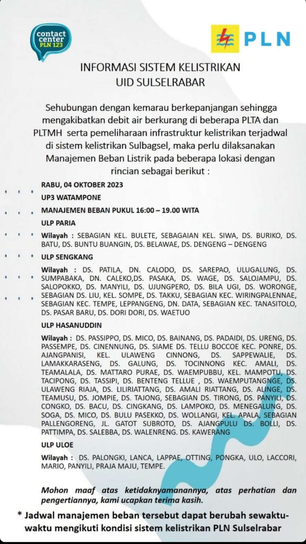 Siap-siap! Listrik Padam di Bone dan Wajo Rabu 4 Oktober 2023, Ini Jadwal dan Lokasinya
