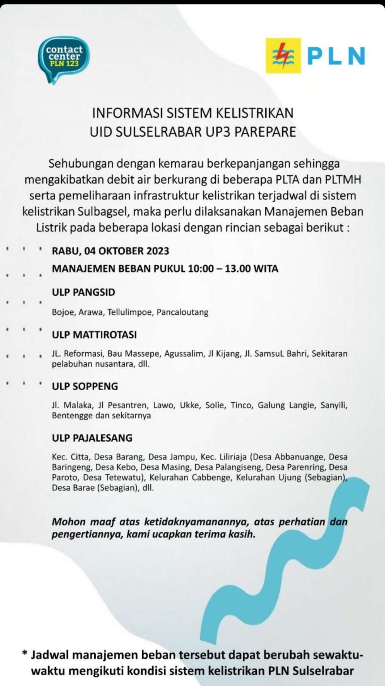 Hari ini Listrik di Parepare-Sidrap-Barru-Soppeng Padam Selama 12 Jam, Berikut Titiknya!