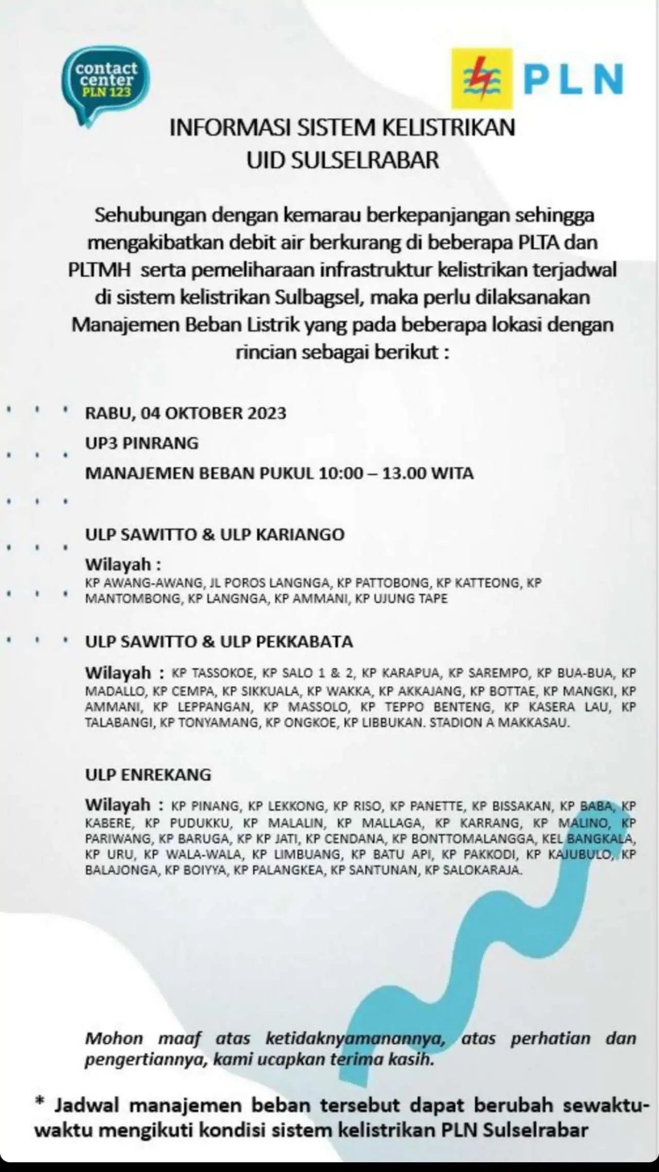 Titik-titik Pemadaman Lampu di Pinrang dan Enrekang Hari Ini Rabu 4 Oktober 2023, 12 Jam Dipastikan Padam