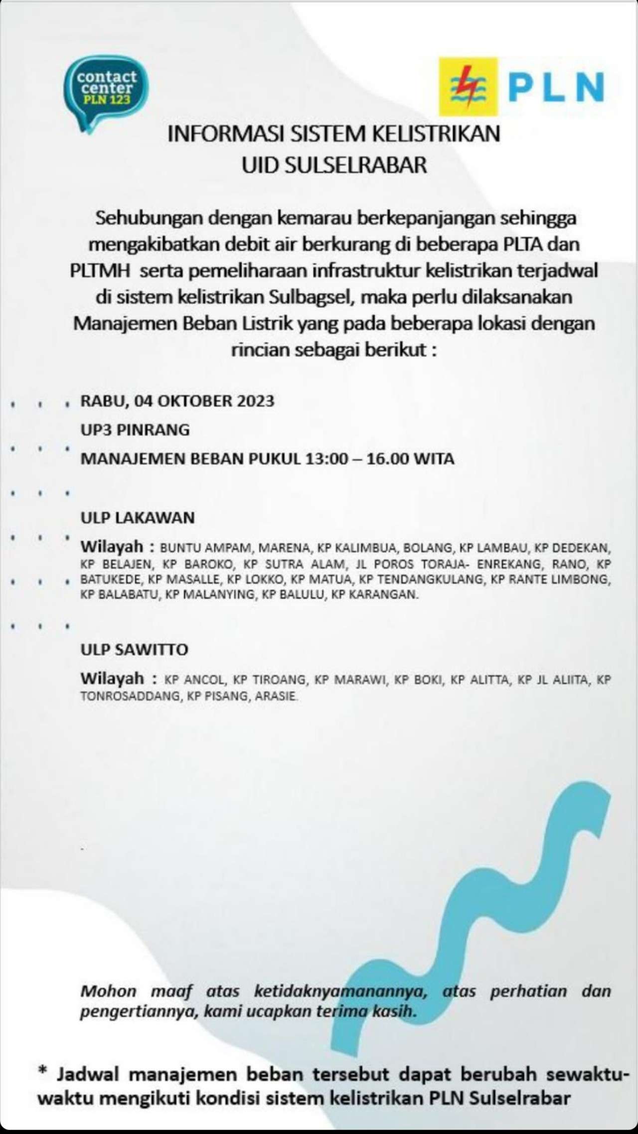 Titik-titik Pemadaman Lampu di Pinrang dan Enrekang Hari Ini Rabu 4 Oktober 2023, 12 Jam Dipastikan Padam