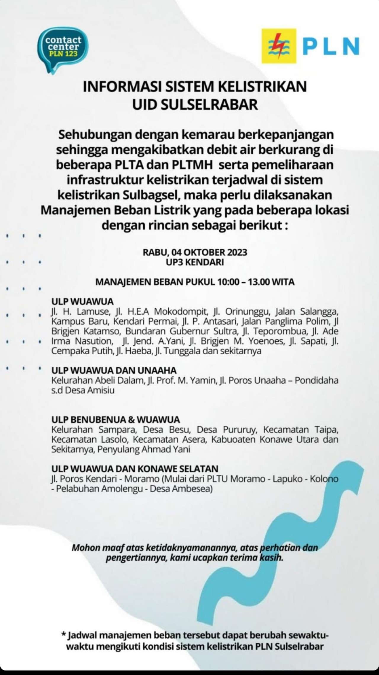 Siap-siap! Hari Ini PLN UP3 Kendari Padamkan Listrik di Sejumlah Wilayah, Berikut Jadwalnya