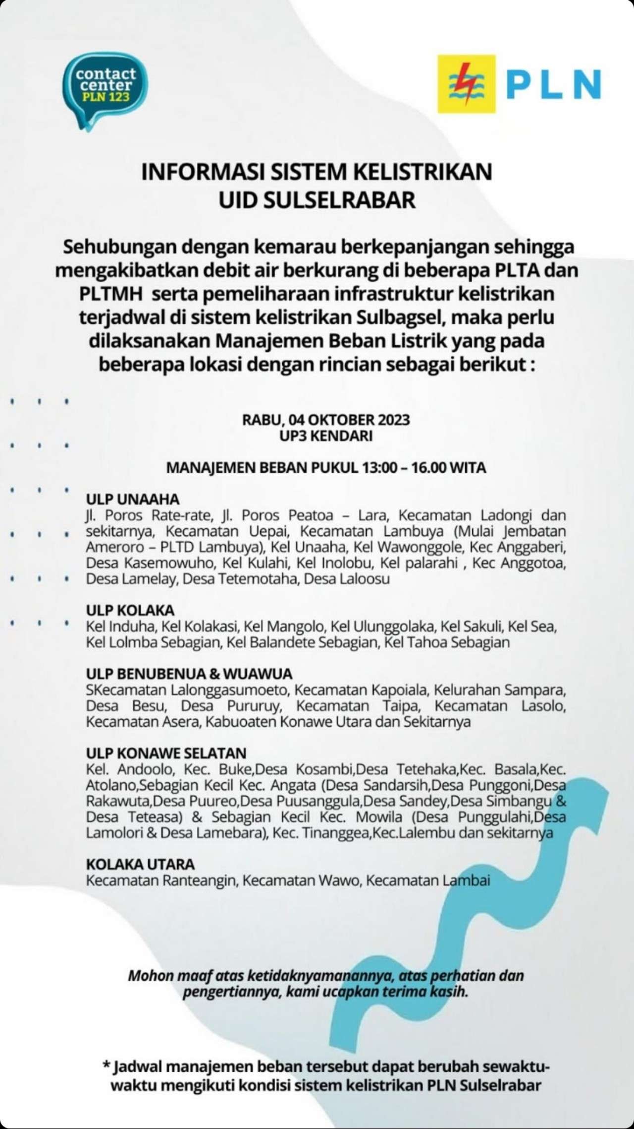 Siap-siap! Hari Ini PLN UP3 Kendari Padamkan Listrik di Sejumlah Wilayah, Berikut Jadwalnya