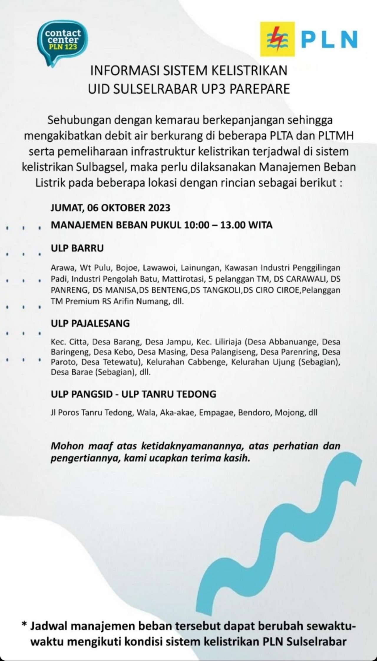 Pemadaman Listrik di Soppeng-Sidrap-Parepare-Barru Jumat 6 Oktober 2023, Berikut Wilayah dan Jadwalnya
