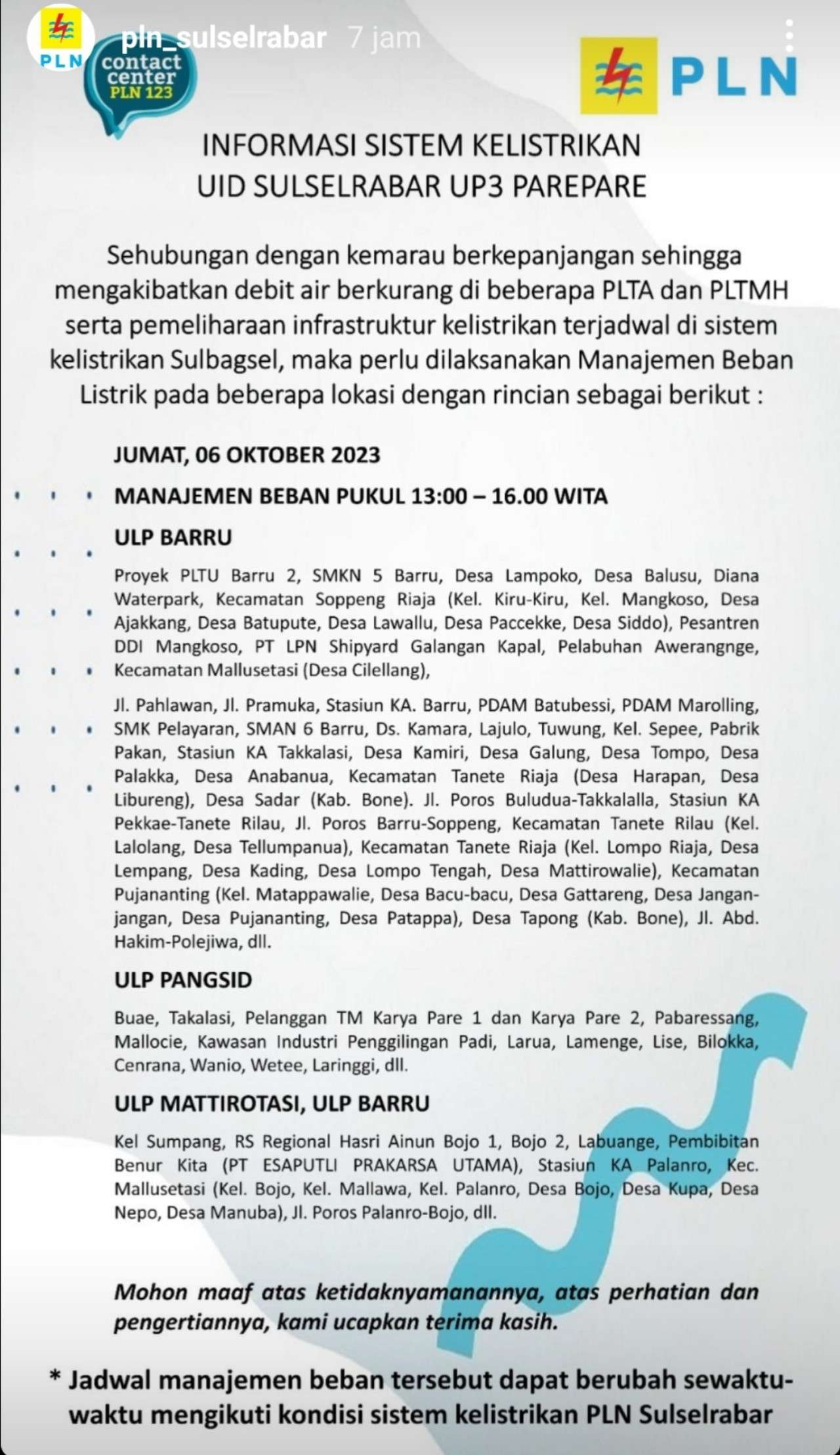 Pemadaman Listrik di Soppeng-Sidrap-Parepare-Barru Jumat 6 Oktober 2023, Berikut Wilayah dan Jadwalnya