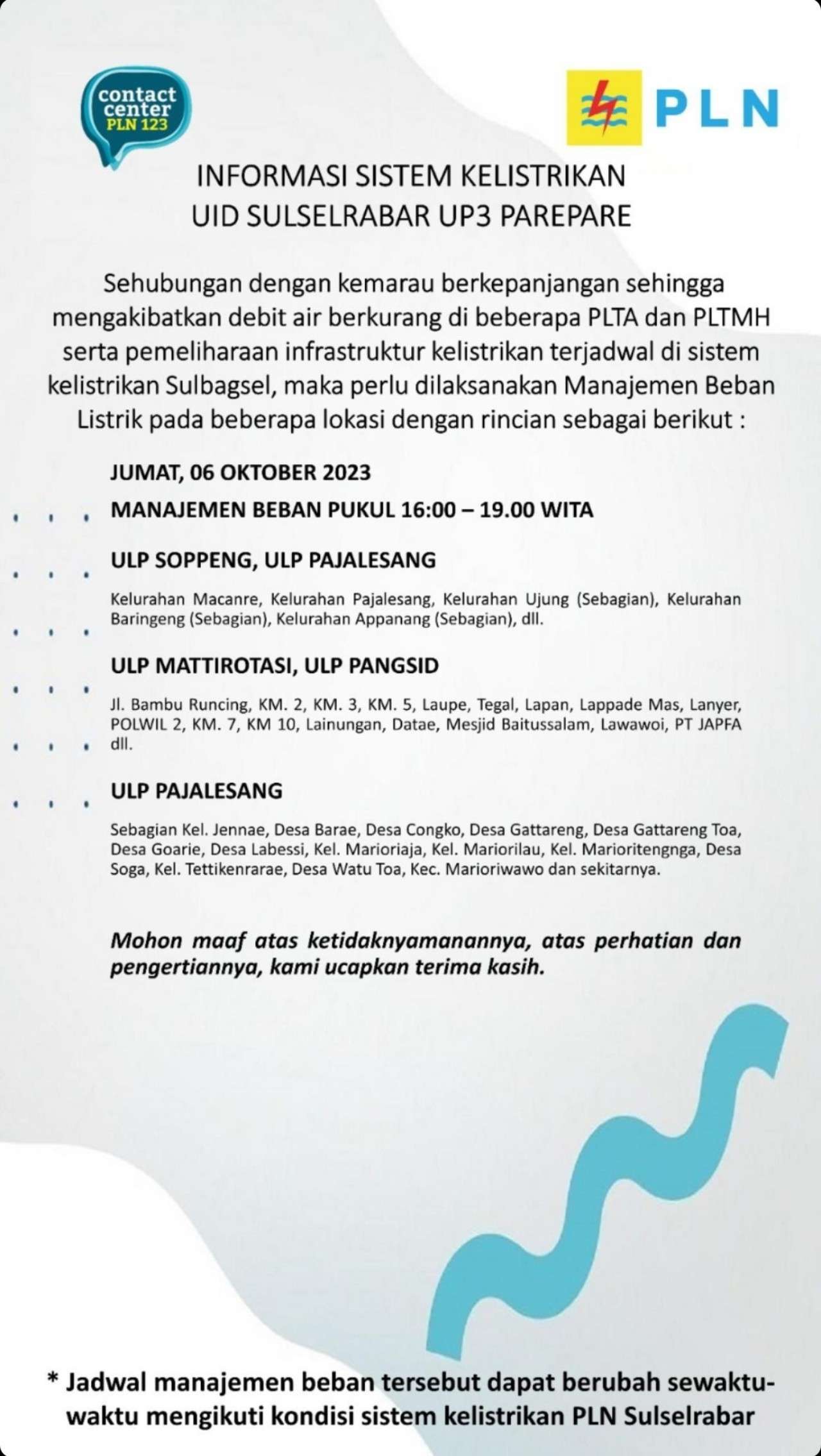 Pemadaman Listrik di Soppeng-Sidrap-Parepare-Barru Jumat 6 Oktober 2023, Berikut Wilayah dan Jadwalnya