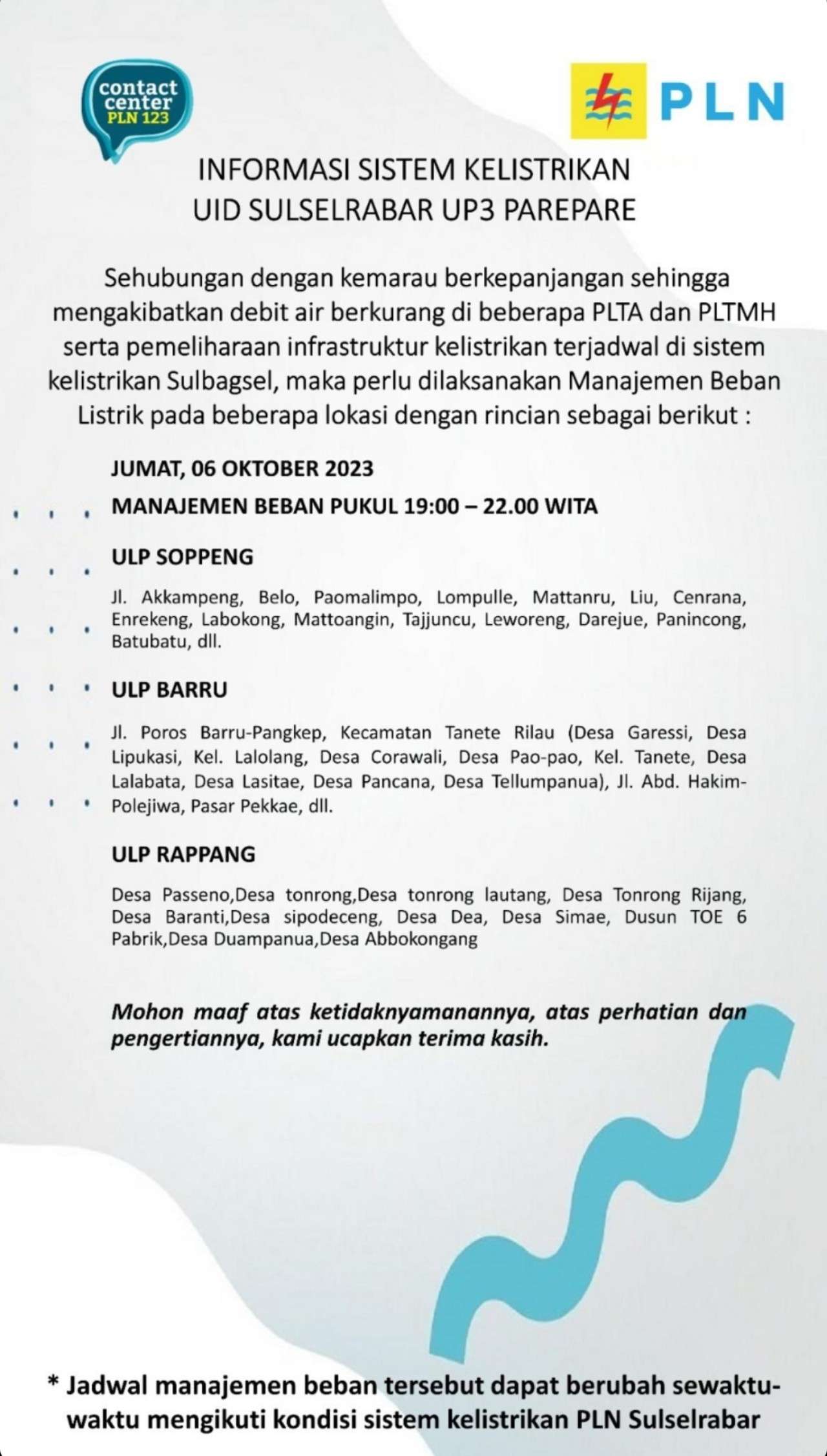 Pemadaman Listrik di Soppeng-Sidrap-Parepare-Barru Jumat 6 Oktober 2023, Berikut Wilayah dan Jadwalnya