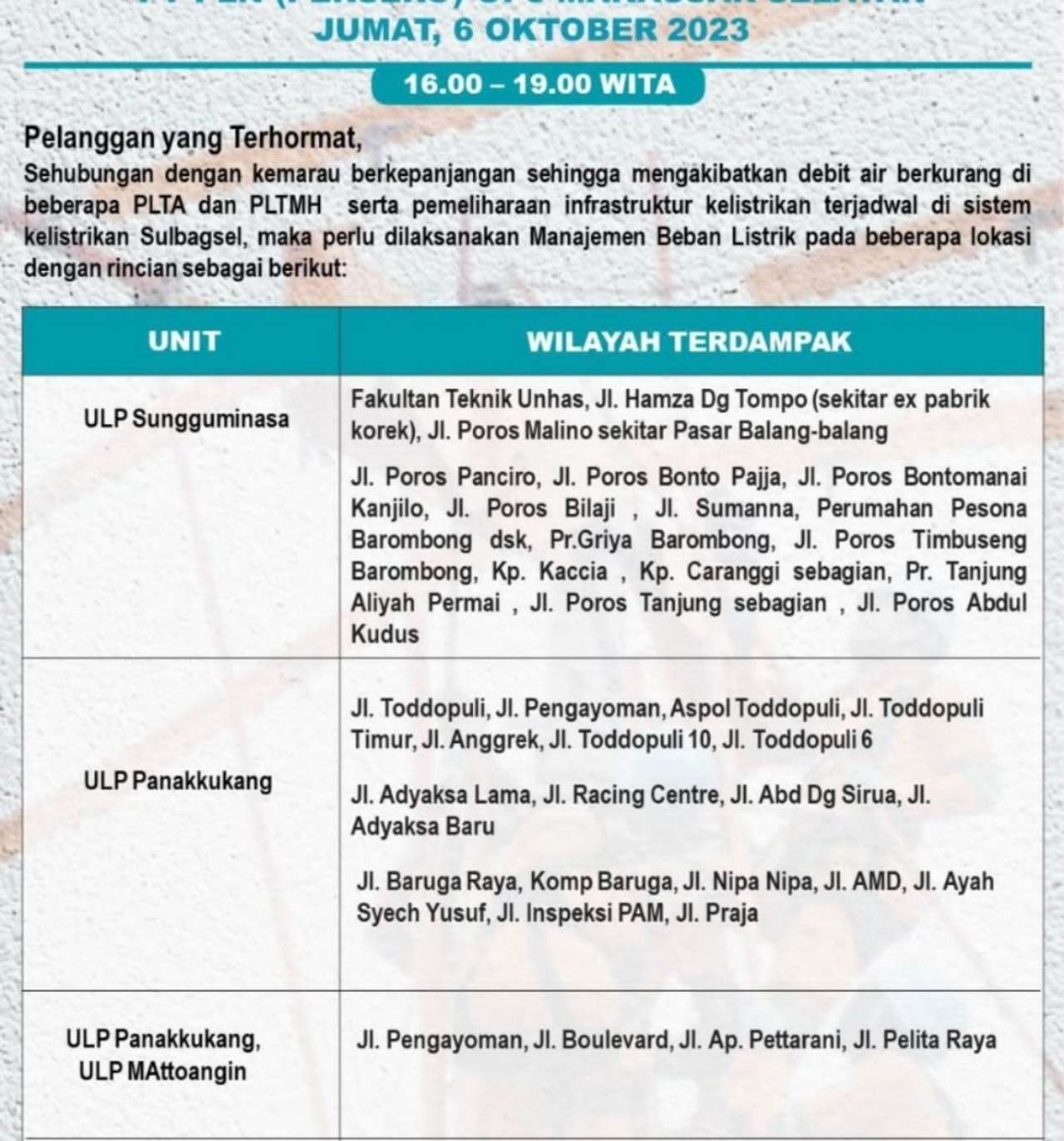 Duh, Hari Ini Jumat 6 Oktober 2023 Listrik di Makassar-Gowa-Takalar Akan Padam Lagi! Cek Titiknya