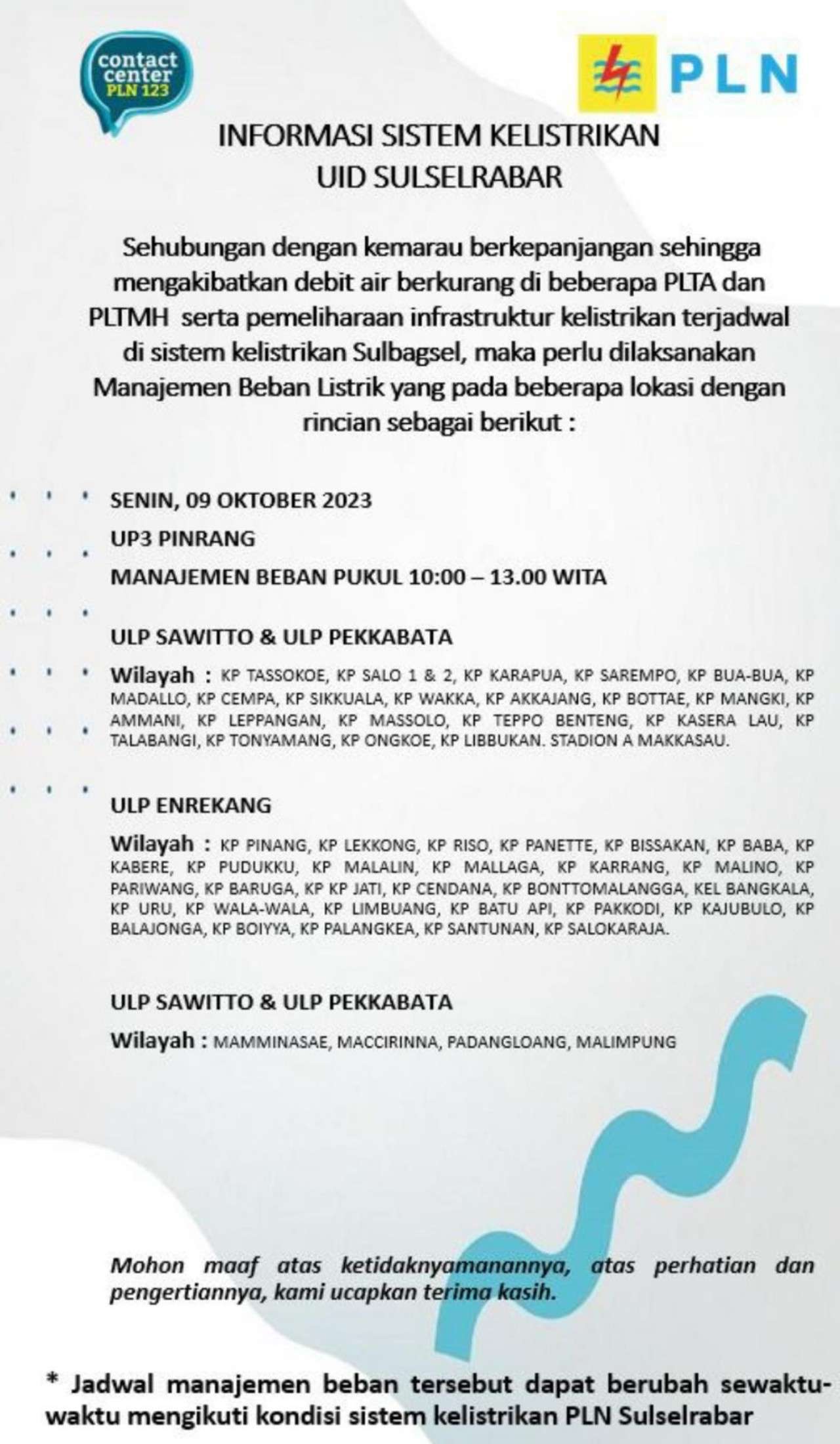 Berikut Jadwal Pemadaman Listrik di Pinrang dan Enrekang 9 Oktober 2023