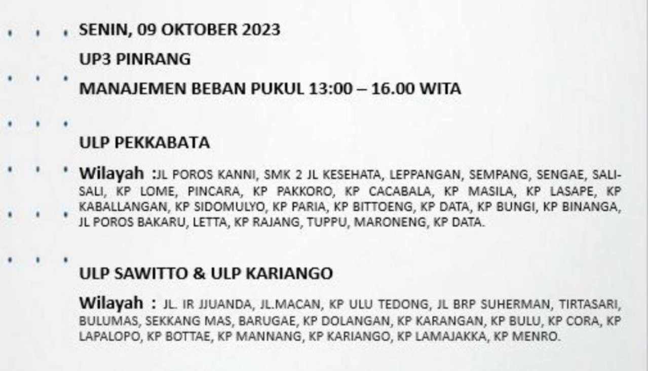Berikut Jadwal Pemadaman Listrik di Pinrang dan Enrekang 9 Oktober 2023