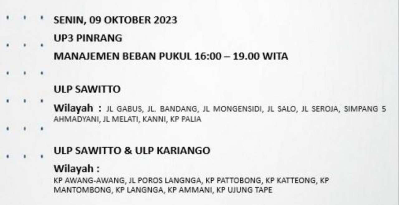 Berikut Jadwal Pemadaman Listrik di Pinrang dan Enrekang 9 Oktober 2023