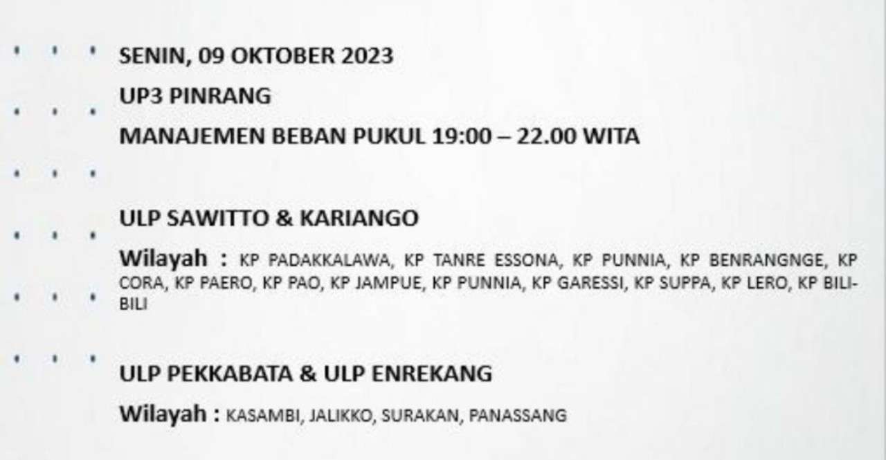 Berikut Jadwal Pemadaman Listrik di Pinrang dan Enrekang 9 Oktober 2023