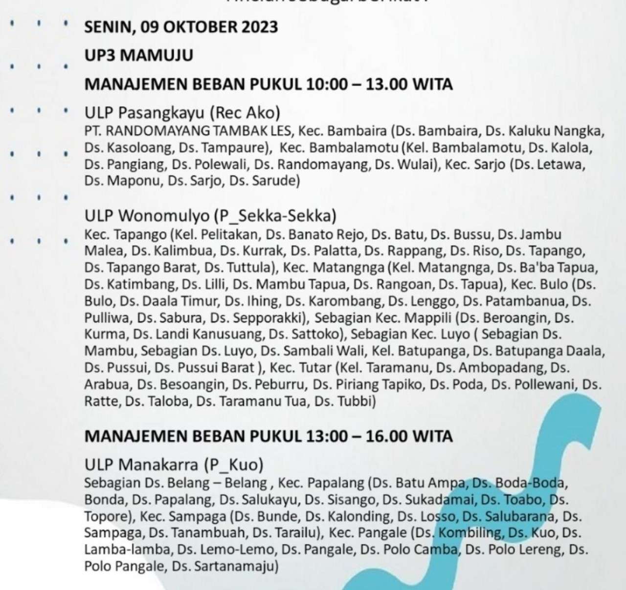 Perhatian! Ini Jadwal Pemadaman Listrik di Mamuju dan Sekitarnya 9 Oktober 2023