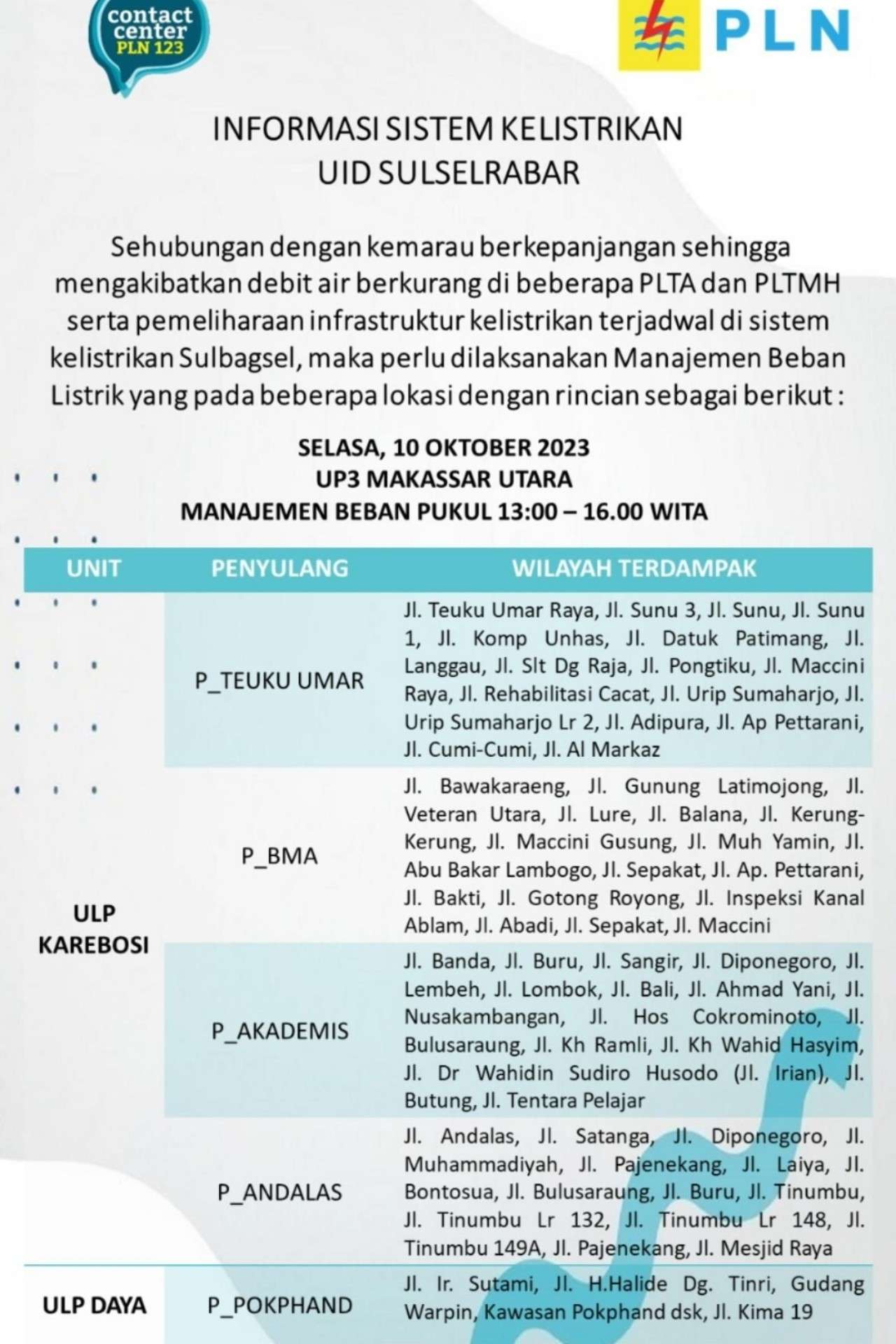 Pemadaman Listrik di Makassar-Maros-Pangkep Masih Berlanjut, Berikut Jadwal 10 Oktober