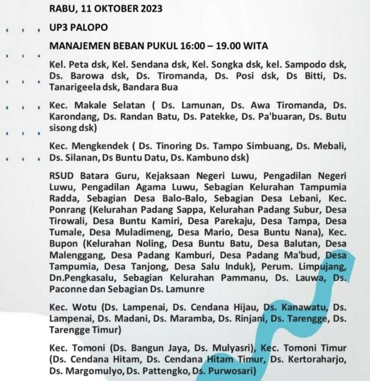 Waspada, Bakal Ada Pemadaman Listrik Hari Ini di Palopo-Luwu Raya-Toraja Hingga Pukul 22.00 WITA
