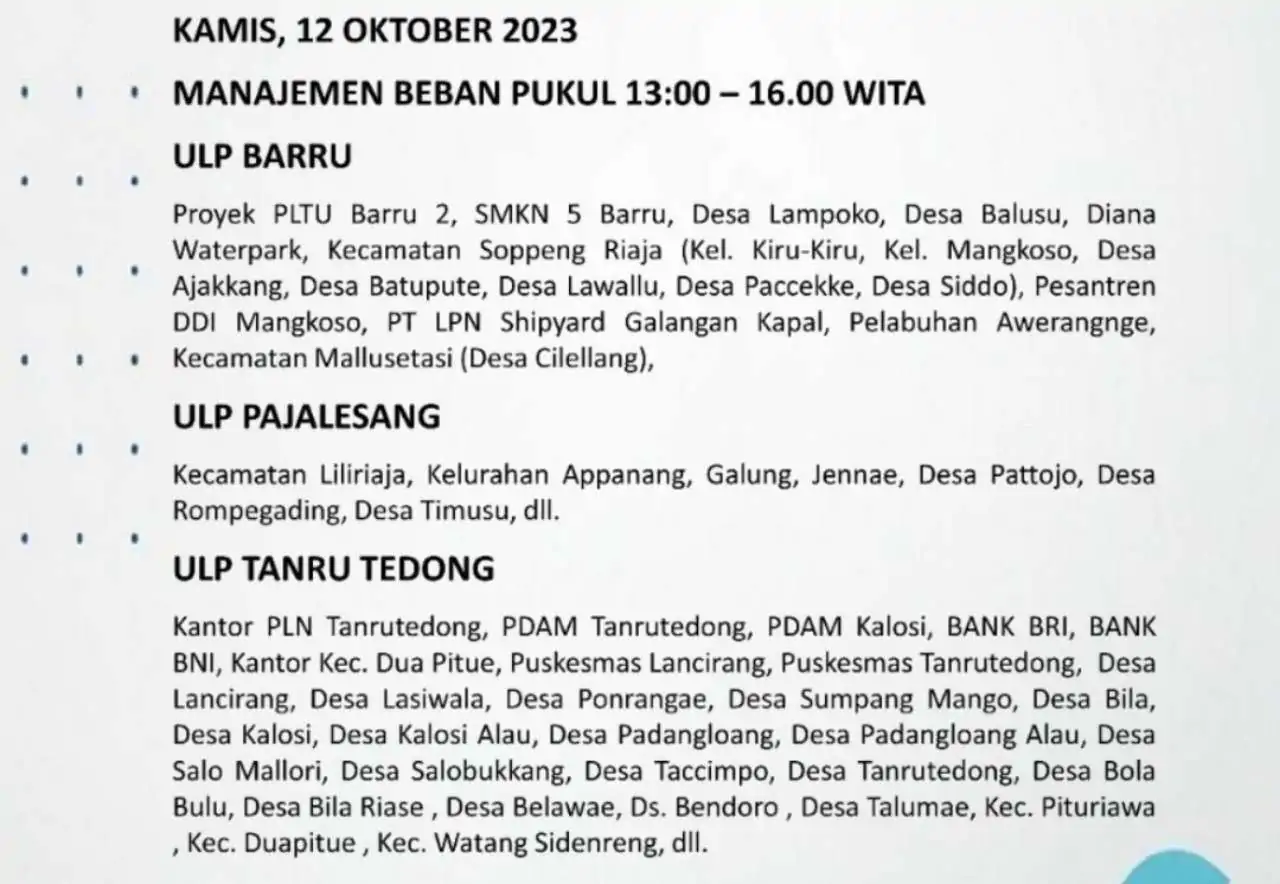 Waspada! Pemadaman Listrik Hari Ini di Parepare-Sidrap-Barru-Soppeng Hingga Pukul 22.00 WITA