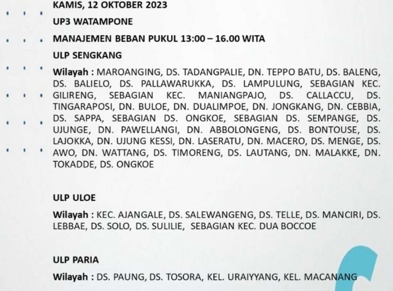 Siap-Siap! Bone dan Wajo Mati Lampu Lagi Hari Ini 12 Oktober Sampai Malam, Cek Wilayahmu