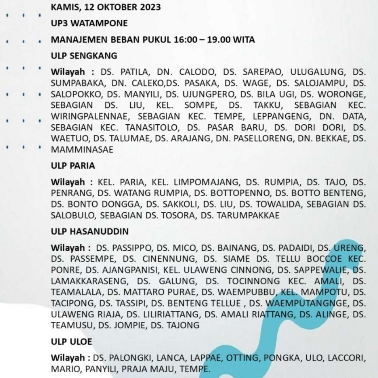 Siap-Siap! Bone dan Wajo Mati Lampu Lagi Hari Ini 12 Oktober Sampai Malam, Cek Wilayahmu