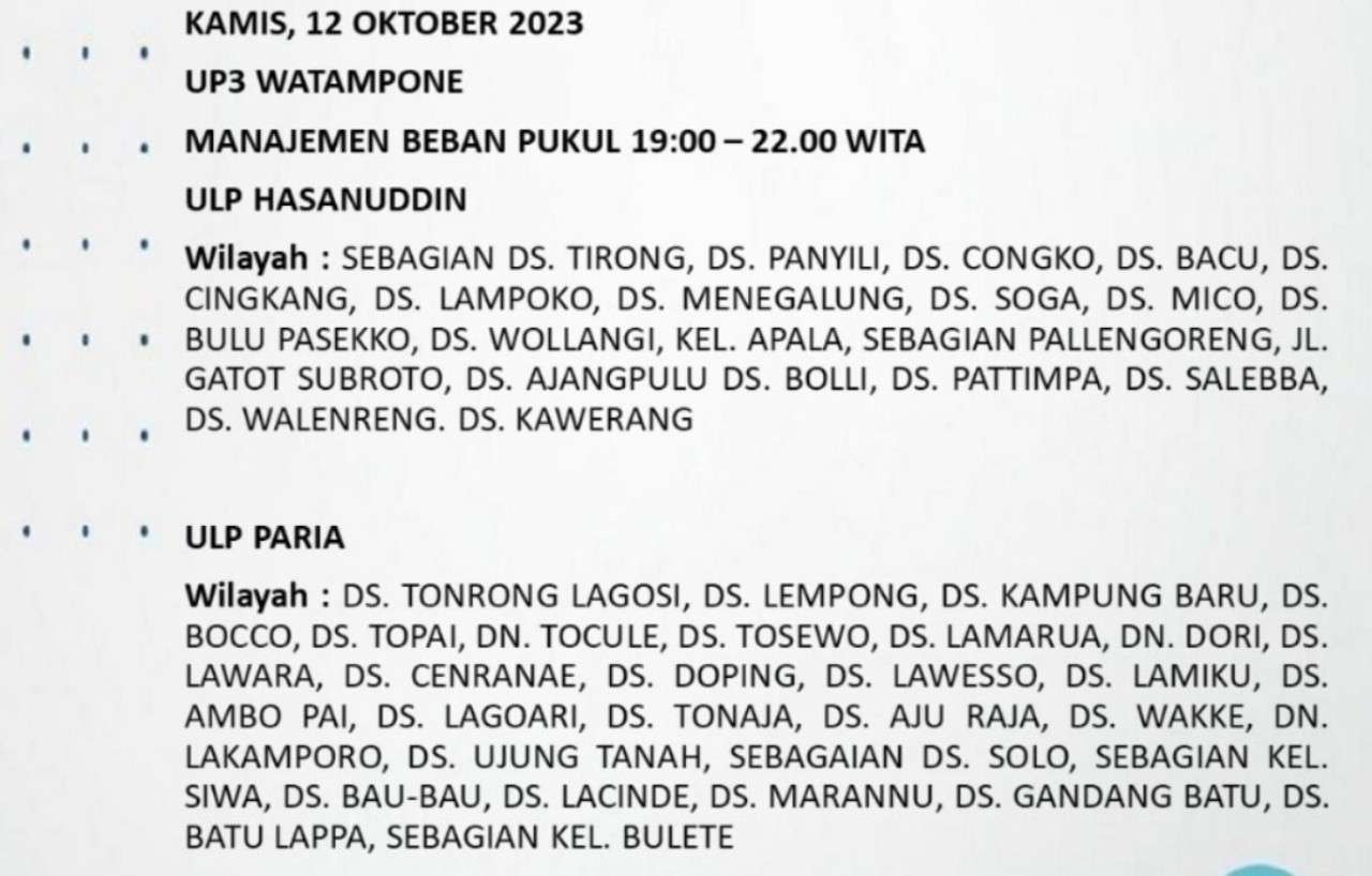 Siap-Siap! Bone dan Wajo Mati Lampu Lagi Hari Ini 12 Oktober Sampai Malam, Cek Wilayahmu