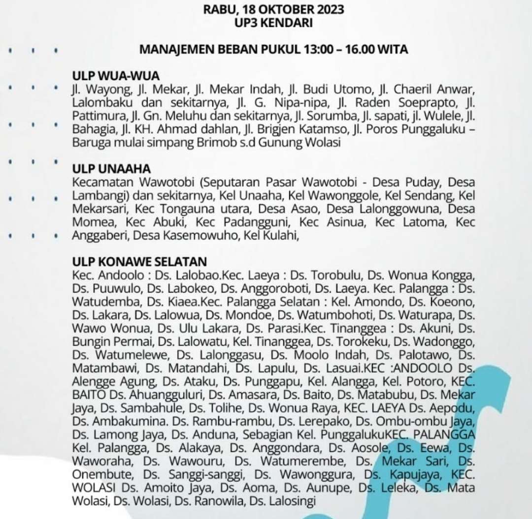 12 Jam Kendari dan Sekitarnya Akan Mati Lampu Hari Ini 18 Oktober 2023, Berikut Wilayahnya