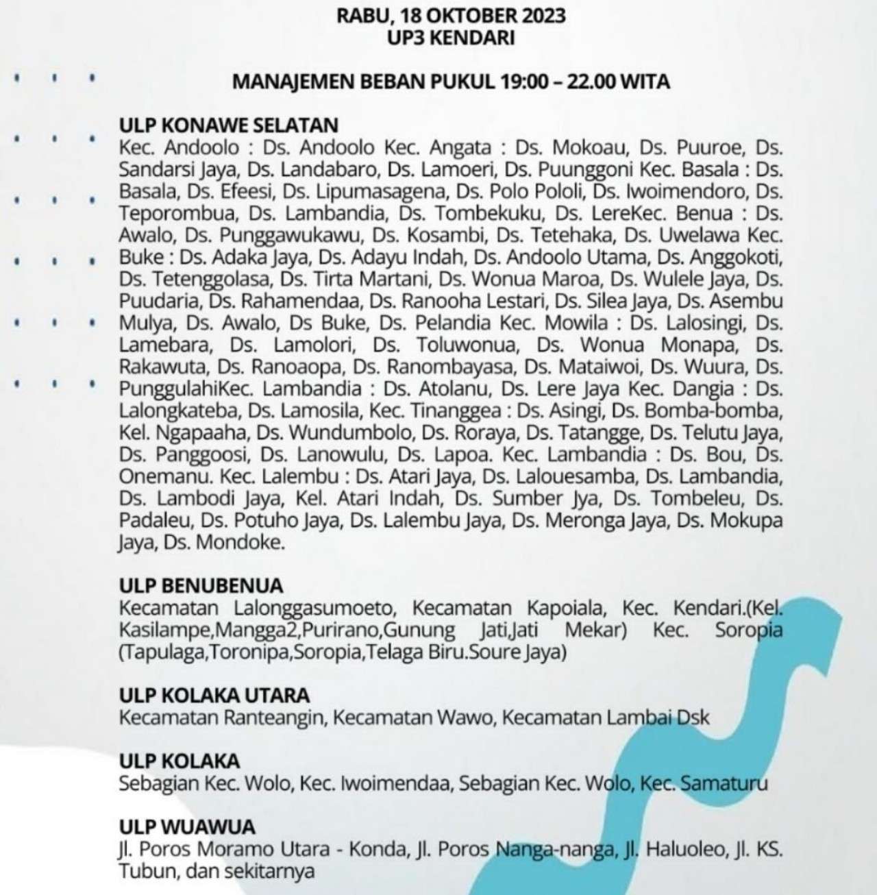 12 Jam Kendari dan Sekitarnya Akan Mati Lampu Hari Ini 18 Oktober 2023, Berikut Wilayahnya