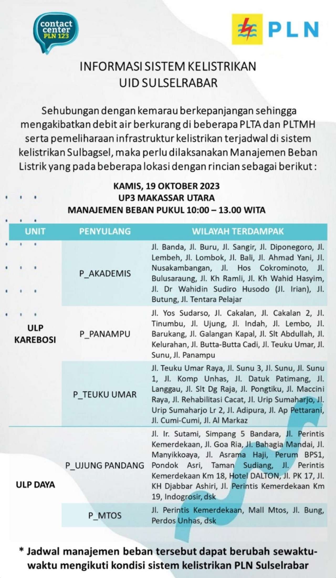 Siap-siap! Makassar-Maros-Pangkep Mati Lampu 12 Jam Hari Ini 19 Oktober, Cek Wilayahnya