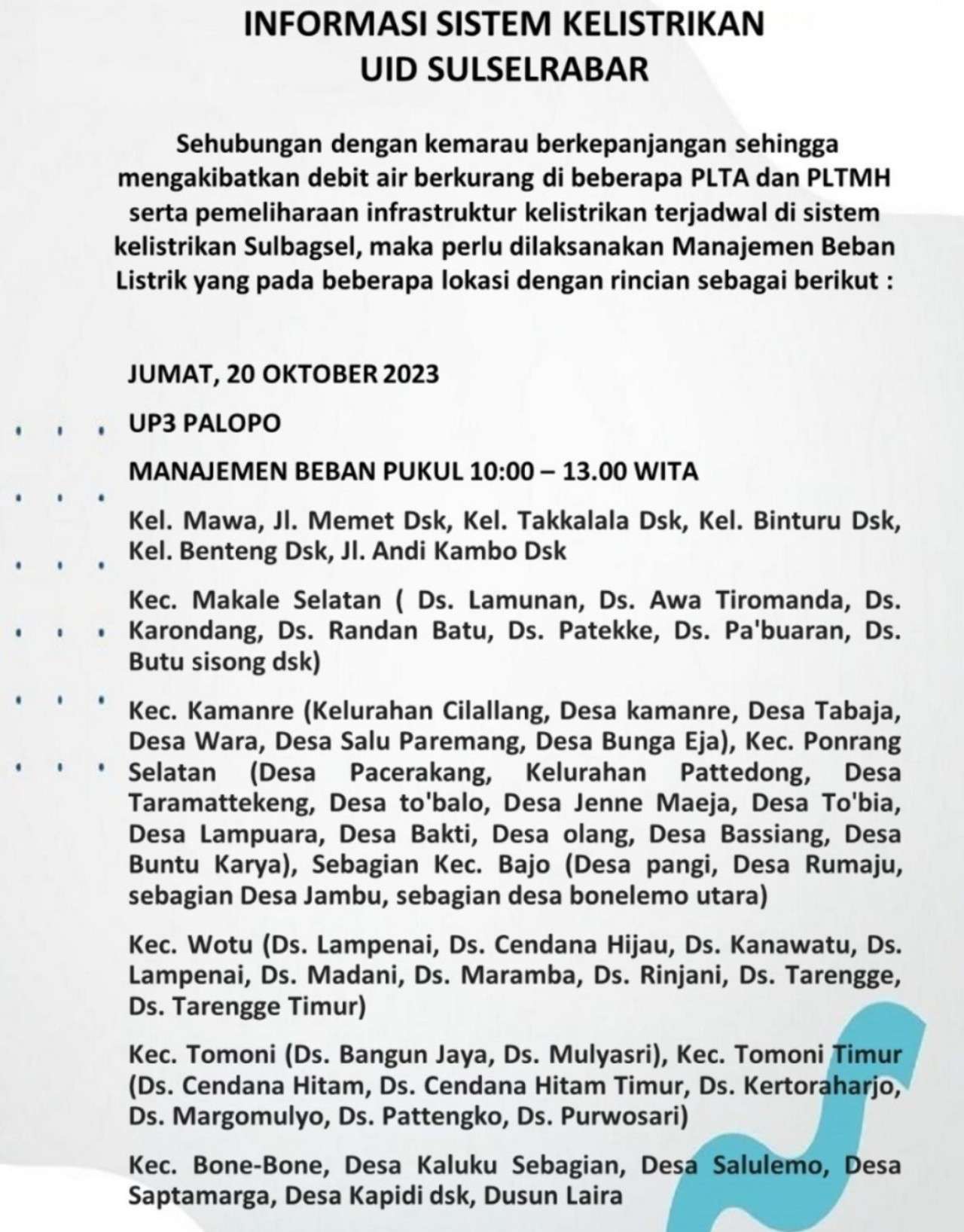 Palopo-Luwu Raya-Toraja Mati Lampu Hari Ini 20 Oktober Sampai Pukul 22.00 WITA, Cek Wilayahmu!