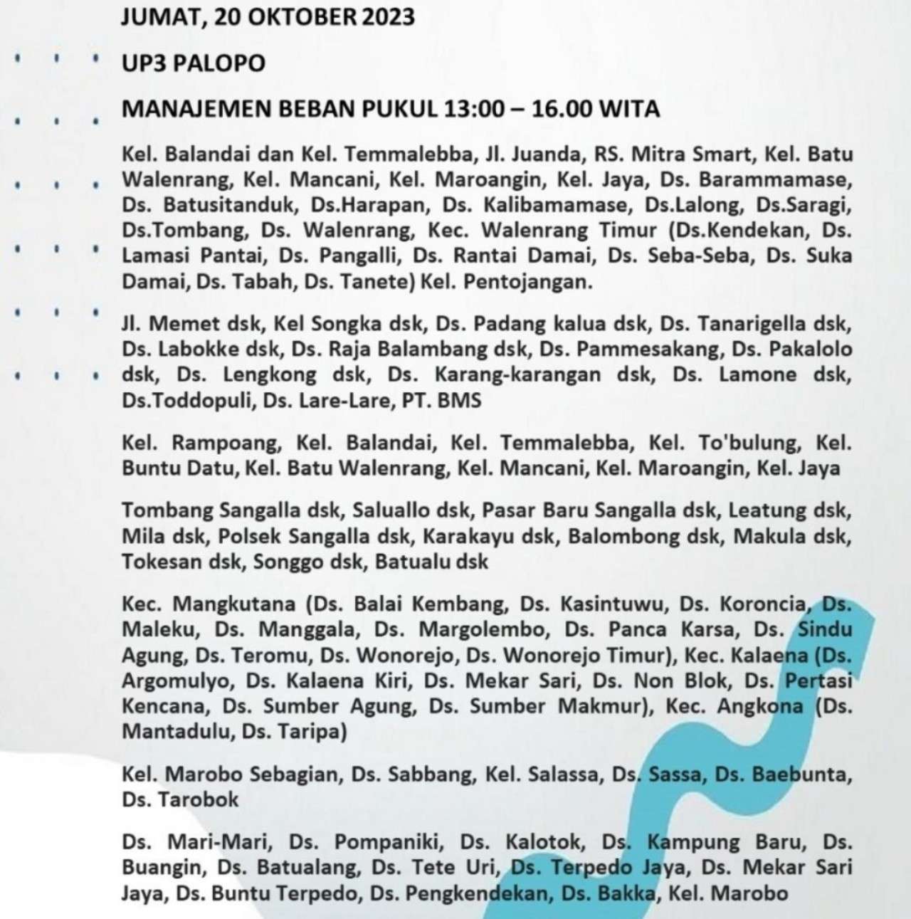 Palopo-Luwu Raya-Toraja Mati Lampu Hari Ini 20 Oktober Sampai Pukul 22.00 WITA, Cek Wilayahmu!