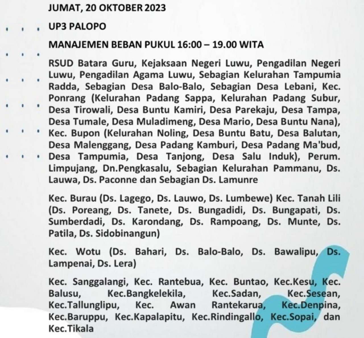 Palopo-Luwu Raya-Toraja Mati Lampu Hari Ini 20 Oktober Sampai Pukul 22.00 WITA, Cek Wilayahmu!