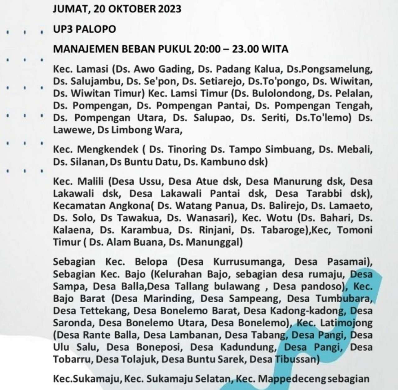 Palopo-Luwu Raya-Toraja Mati Lampu Hari Ini 20 Oktober Sampai Pukul 22.00 WITA, Cek Wilayahmu!