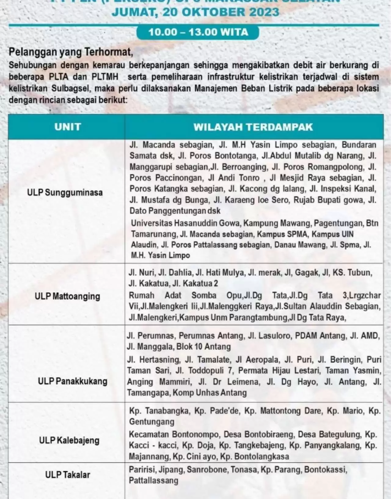 Info Pemadaman Listrik di Makassar-Gowa-Takalar 20 Oktober Hingga Jam 10 Malam, Ini Wilayahnya