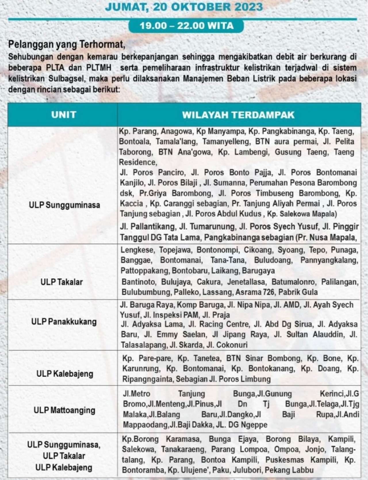 Info Pemadaman Listrik di Makassar-Gowa-Takalar 20 Oktober Hingga Jam 10 Malam, Ini Wilayahnya