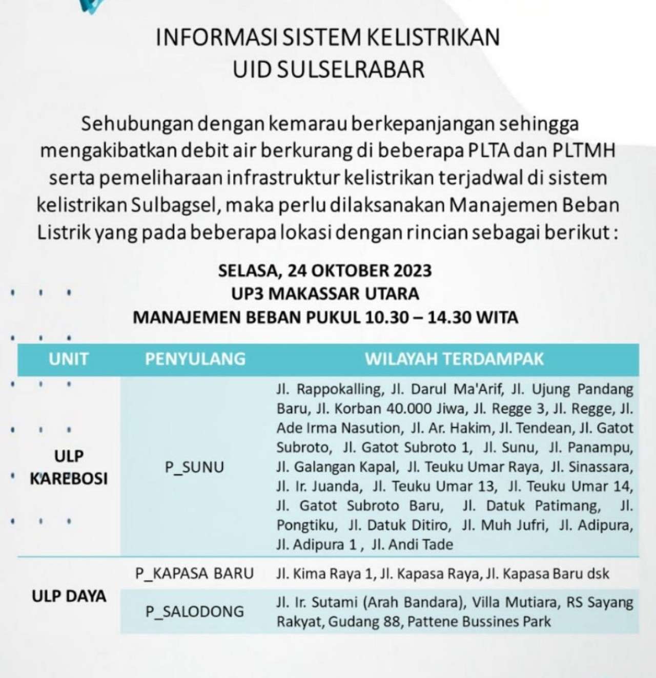 Info Jadwal Lengkap Pemadaman Listrik Hari Ini, Selasa 24 Oktober 2023 di Makassar -Maros-Pangkep