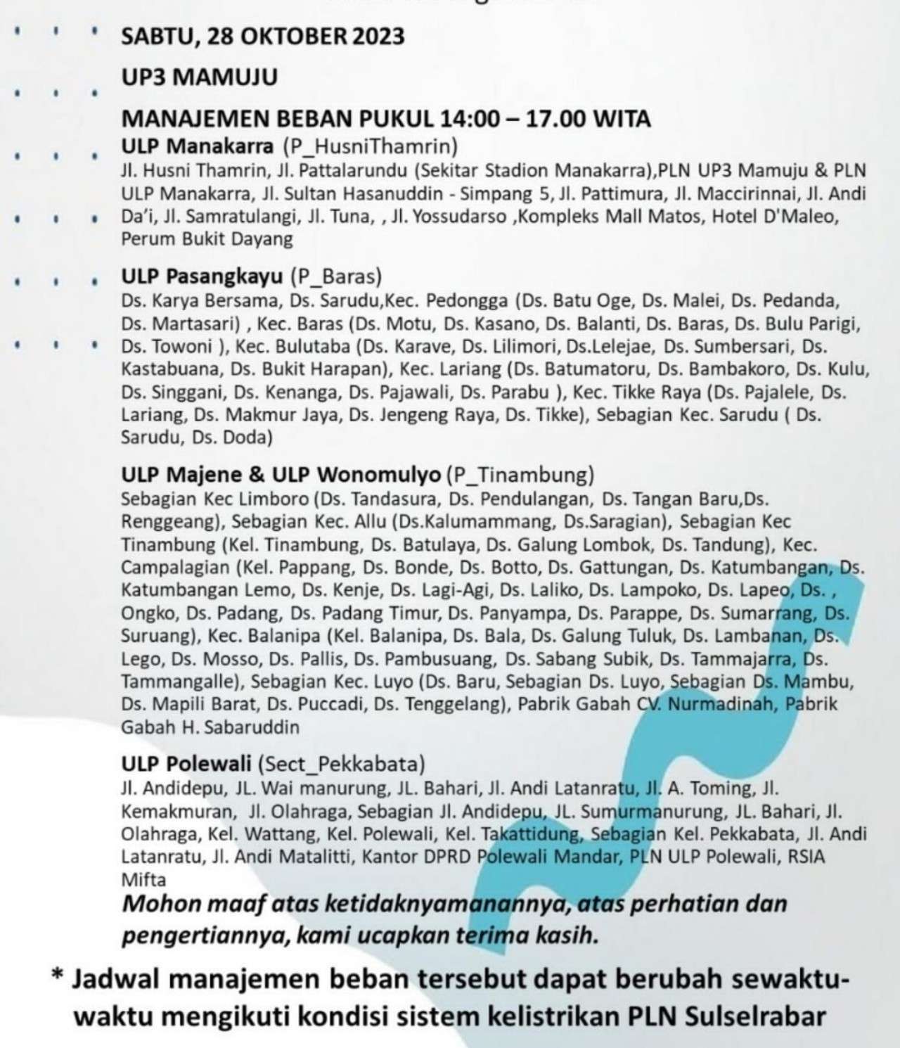 Jadwal dan Lokasi Lengkap Pemadaman Listrik Bergilir di Mamuju Sulbar dan Sekitarnya Hari Sabtu 28 Oktober 2023!