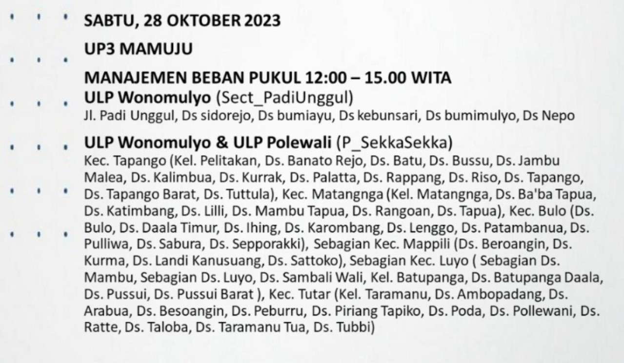 Jadwal dan Lokasi Lengkap Pemadaman Listrik Bergilir di Mamuju Sulbar dan Sekitarnya Hari Sabtu 28 Oktober 2023!