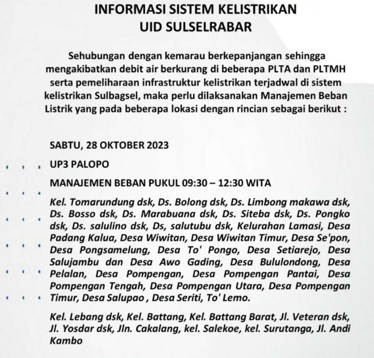 Pemadaman Listrik Bergilir di Palopo-Luwu Raya-Toraja Hari Sabtu 28 Oktober 2023, Ini Wilayahnya