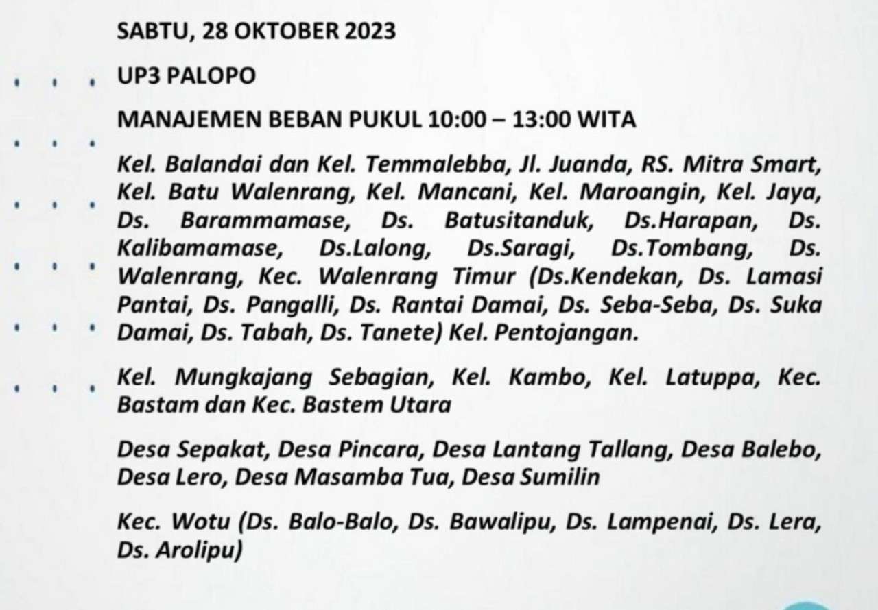 Pemadaman Listrik Bergilir di Palopo-Luwu Raya-Toraja Hari Sabtu 28 Oktober 2023, Ini Wilayahnya
