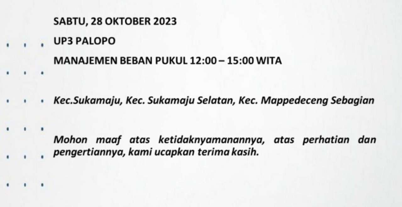 Pemadaman Listrik Bergilir di Palopo-Luwu Raya-Toraja Hari Sabtu 28 Oktober 2023, Ini Wilayahnya