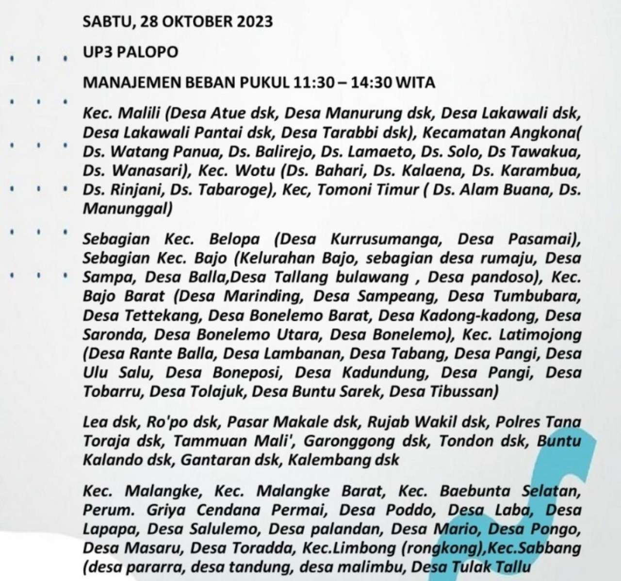 Pemadaman Listrik Bergilir di Palopo-Luwu Raya-Toraja Hari Sabtu 28 Oktober 2023, Ini Wilayahnya