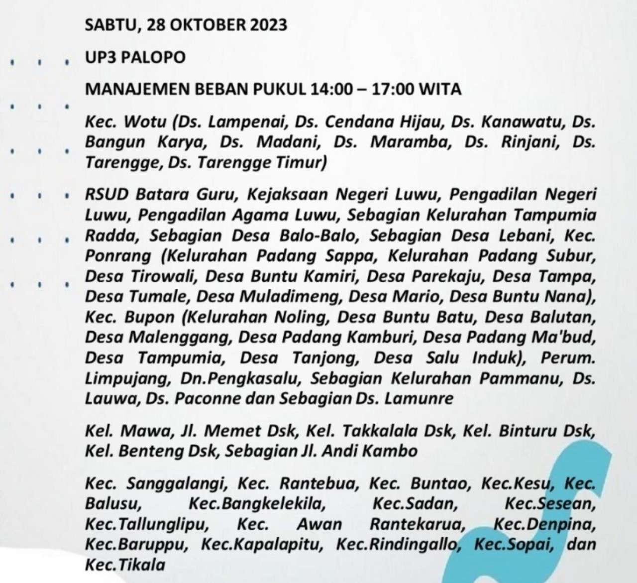 Pemadaman Listrik Bergilir di Palopo-Luwu Raya-Toraja Hari Sabtu 28 Oktober 2023, Ini Wilayahnya