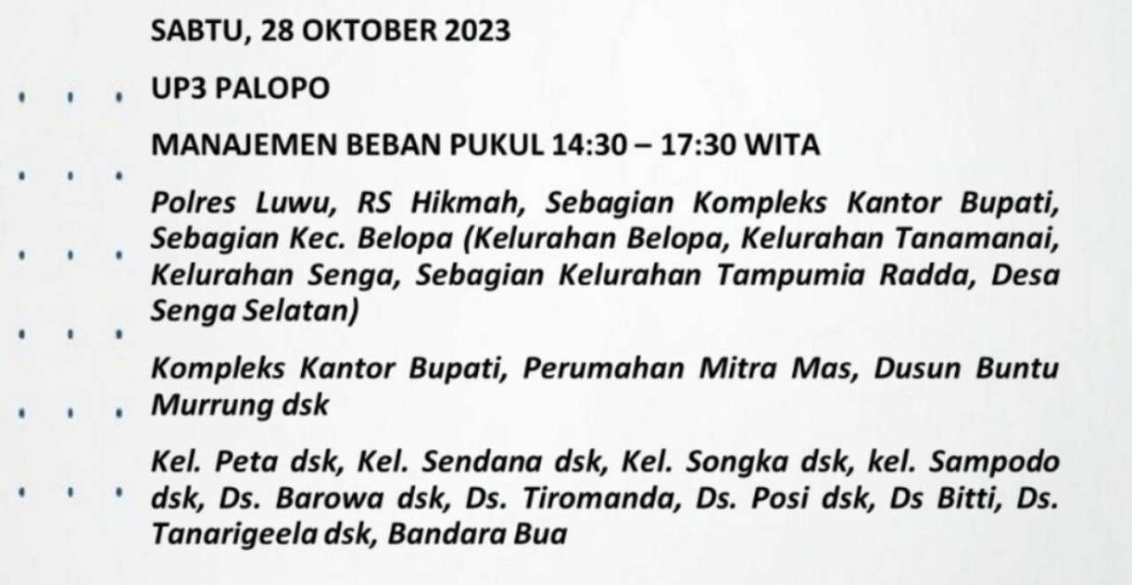 Pemadaman Listrik Bergilir di Palopo-Luwu Raya-Toraja Hari Sabtu 28 Oktober 2023, Ini Wilayahnya
