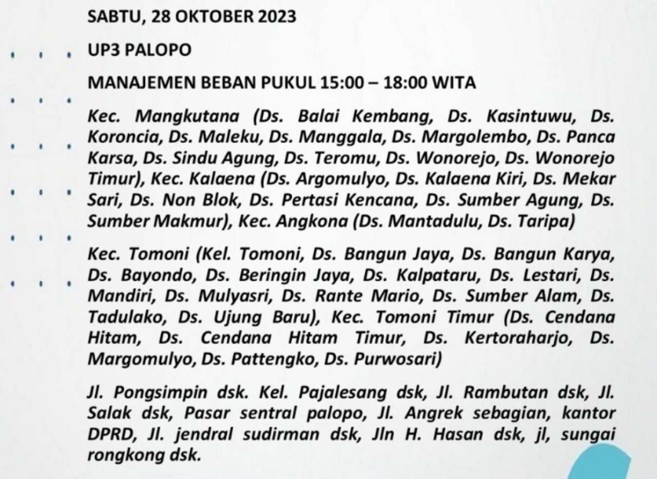 Pemadaman Listrik Bergilir di Palopo-Luwu Raya-Toraja Hari Sabtu 28 Oktober 2023, Ini Wilayahnya
