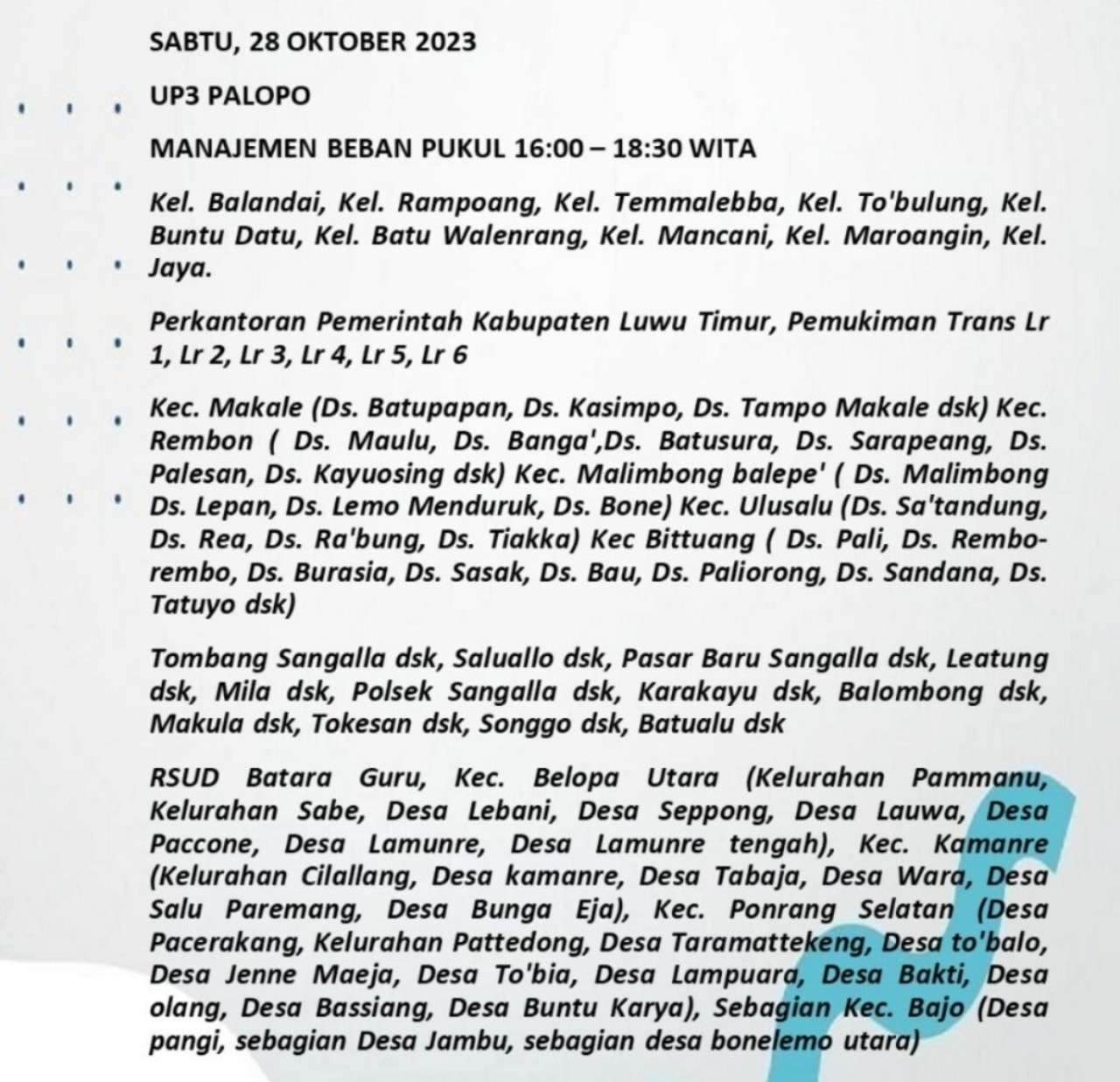 Pemadaman Listrik Bergilir di Palopo-Luwu Raya-Toraja Hari Sabtu 28 Oktober 2023, Ini Wilayahnya