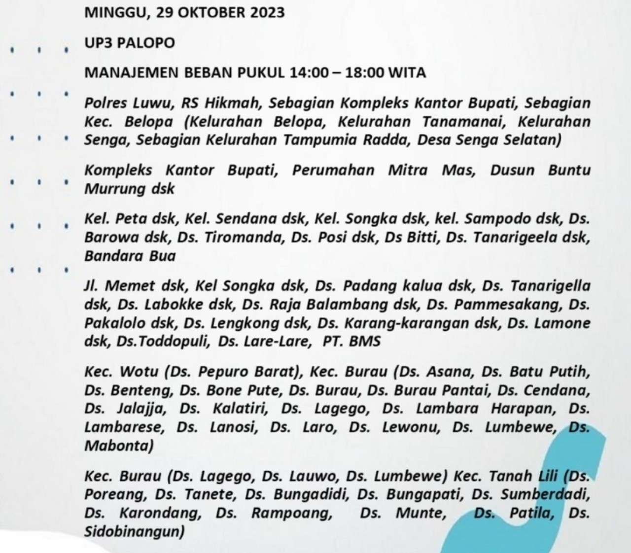 Waspada! Listrik Padam Mulai Jam 7 Pagi Hari Ini Minggu 29 Oktober 2023 di PLN UP3 Palopo