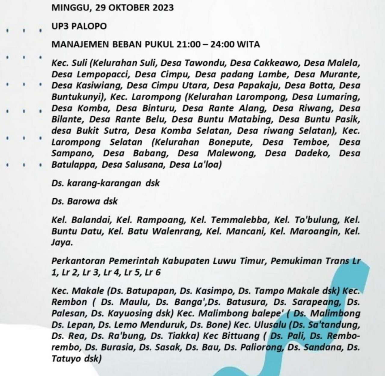 Waspada! Listrik Padam Mulai Jam 7 Pagi Hari Ini Minggu 29 Oktober 2023 di PLN UP3 Palopo